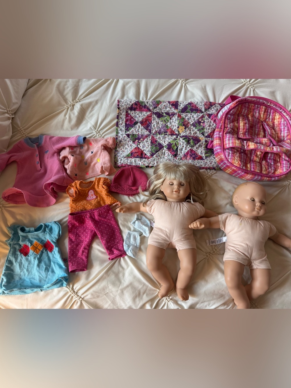American Girl Doll Bitty Baby Lot 2 Blonde Blue Eyed Girls Backpack Clothes Hat